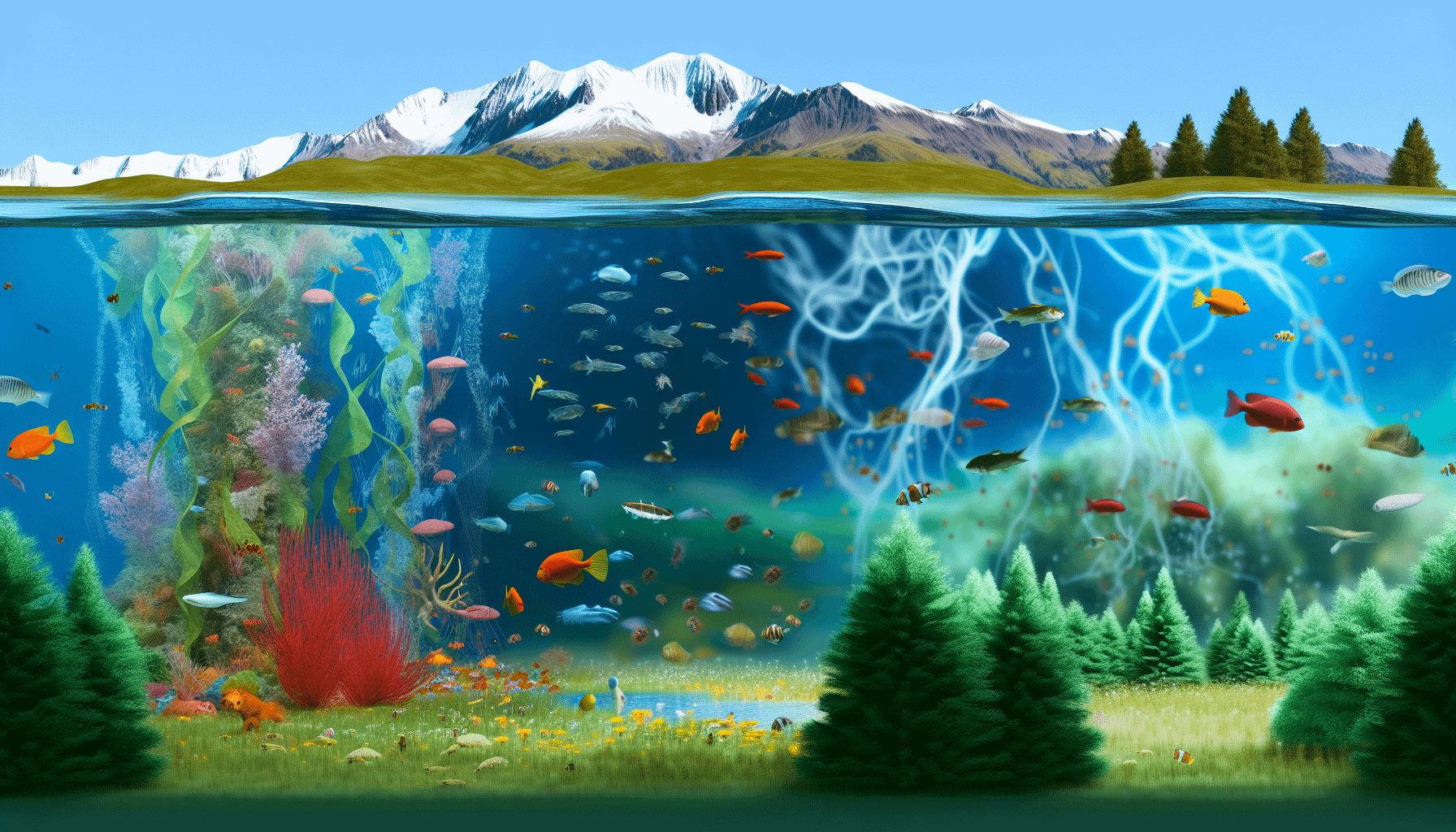 Die essentielle Bedeutung von Wasser für Leben und Ökosysteme 4 Eine Visualisierung des Konzepts, dass Wasser die Quelle allen Lebens ist, zeigt die aquatische Biodiversität, wie Schulen von bunten Fischen, lebendige Korallenriffe und wirbelndes Seegras, die alle in klarem, kristallinem Wasser gedeihen. Über der Wasseroberfläche sind verschiedene Formen des terrestrischen Lebens zu erkennen – hohe, üppige Bäume, saftige Wiesen, die von Insekten und kleinen Säugetieren wimmeln, und eine Vielzahl von Vögeln, die am Himmel fliegen. Im Hintergrund fließen majestätische, schneebedeckte Berge, aus denen die Flüsse entspringen, in die Landschaft und symbolisieren die wesentliche Rolle des Wasserkreislaufs für die Erhaltung des Lebens.