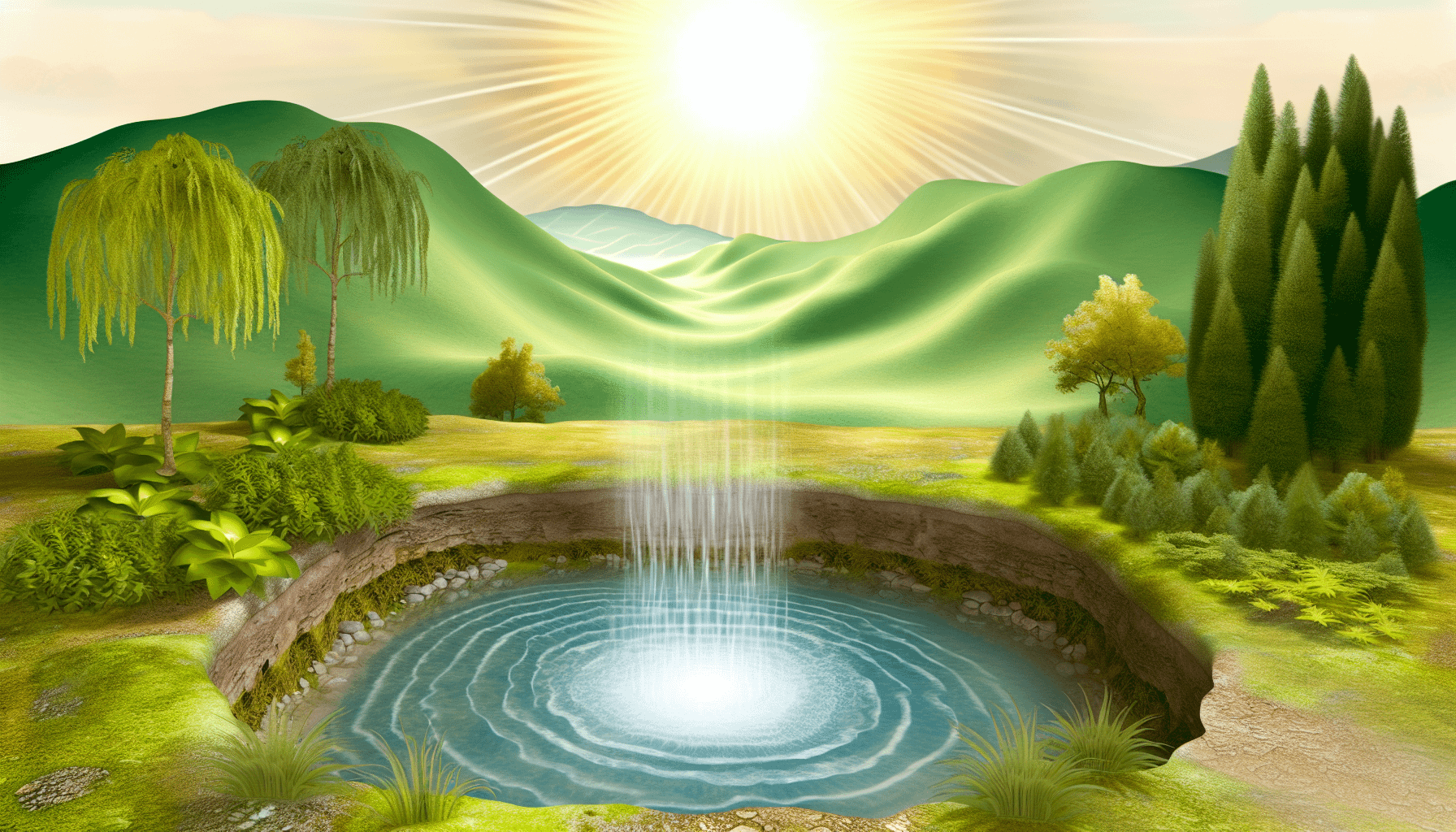 Die Bedeutung der Wasseranalyse für Umwelt und Gesundheit 7 Eine malerische Darstellung einer natürlichen Wasserquelle, die das Wesen des Lebens symbolisiert. Dieses Szenario entfaltet sich in einer ruhigen, üppigen Umgebung mit grünen Hügeln und einer Vielzahl von Pflanzen, darunter hohe Bäume und niedrig wachsende Sträucher. Inmitten dieser Landschaft manifestiert sich die Quelle, die ihr klares, lebensspendendes Wasser ausgießt und einen gewundenen Bach bildet, der ins Tal fließt. Eine strahlende Sonne sorgt im Hintergrund für sanftes, warmes Licht, das eine beruhigende Atmosphäre schafft und die Vorstellung verstärkt, dass Wasser tatsächlich die Quelle allen Lebens auf der Erde ist.
