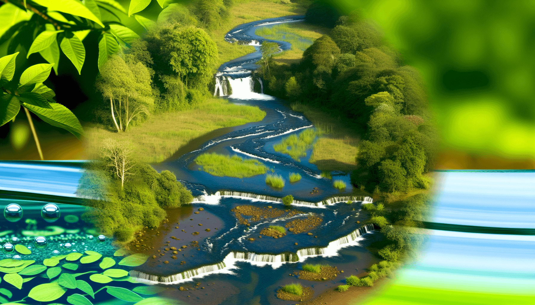 Die essentielle Bedeutung von Wasser für Leben und Ökosysteme 6 Ein friedliches Bild, das Wasser als die Quelle allen Lebens zeigt. Ein reiner Fluss, genährt von einem rauschenden Wasserfall, schlängelt sich durch einen üppigen Wald. Seine Ufer sind von vielfältiger Flora gesäumt, was auf den Reichtum des Lebens hinweist, den das Wasser unterstützt. Wildtiere wie Vögel, Fische und kleine Säugetiere frequentieren die Gegend und interagieren harmonisch mit der lebendigen Landschaft. In größerem Maßstab fängt das Bild den konstanten Lebenszyklus des Makrokosmos ein, mit Wasser, das verdampft, um Wolken zu bilden, und dann als Regen zurückkehrt, um den Fluss wieder aufzufüllen – eine klare Veranschaulichung des Wasserkreislaufs als Herz des Lebens auf der Erde.