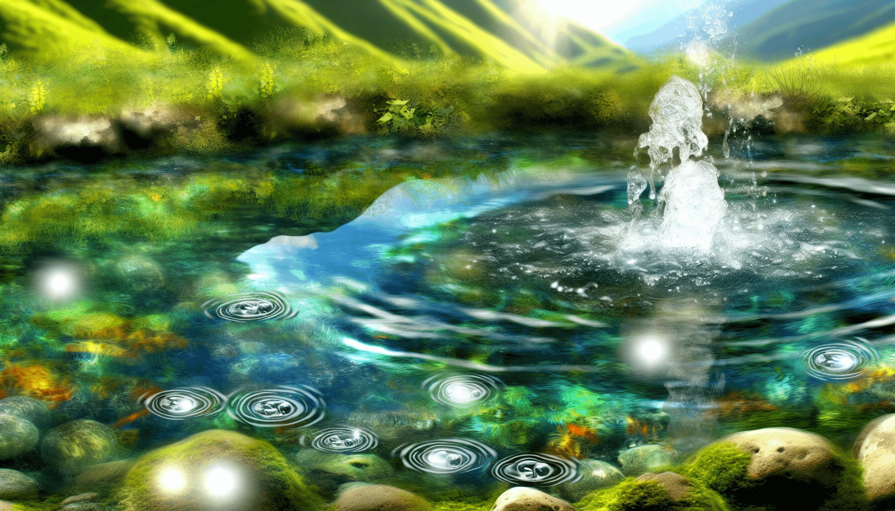 Die Bedeutung der Wasseranalyse für Umwelt und Gesundheit 3 Eine malerische Darstellung von Wasser, der Quelle allen Lebens. Stellen Sie sich eine ruhige Landschaft vor, in der eine sprudelnde Quelle aus einem Berghang entspringt, ihr klares, reines Wasser fröhlich über die Steine fließt und das lebendige grüne Laubwerk um sie herum nährt. Reflexionen schimmern auf der Oberfläche und fangen das Sonnenlicht ein, während kleine Kreaturen Trost und Nahrung in den lebensspendenden Tiefen finden. Die Luft ist erfüllt von einem Gefühl des Friedens und der Harmonie, eine Bestätigung des Überlebens und der Kontinuität des Lebens, alles dank der entscheidenden Rolle, die Wasser im ökologischen Gleichgewicht spielt.