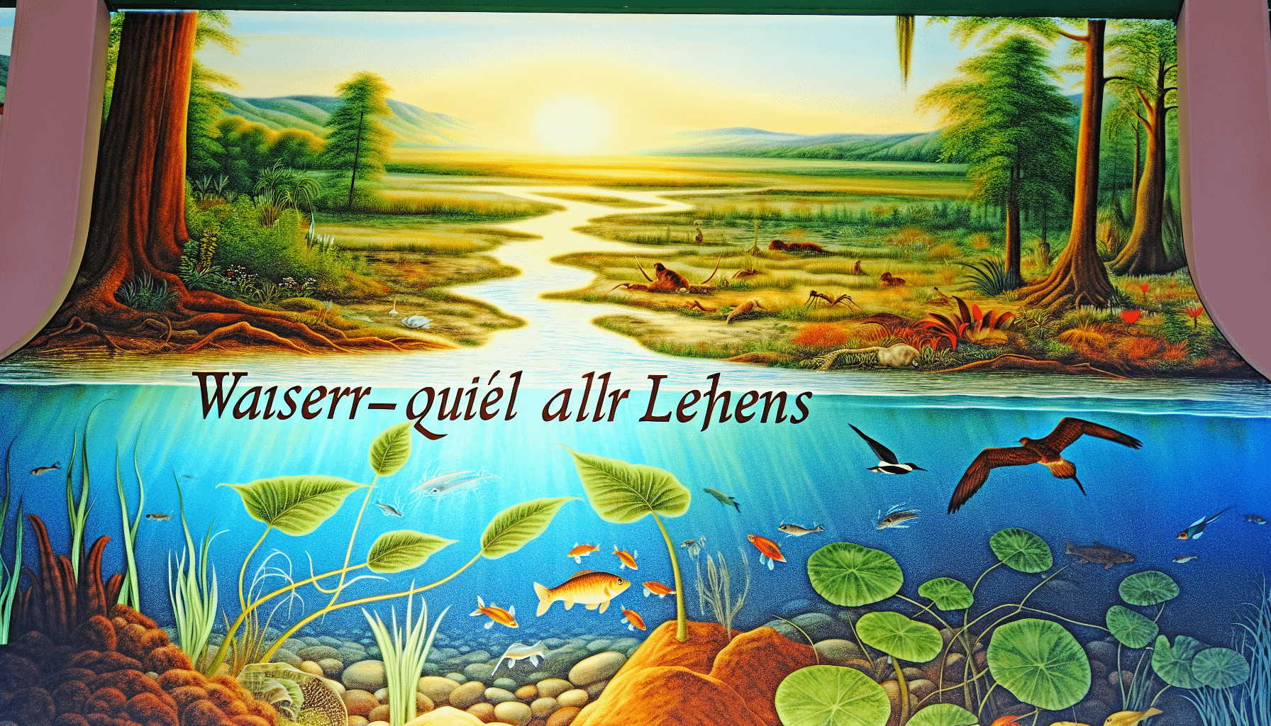 Eine visuell fesselnde Darstellung von Wasser als der Quelle allen Lebens. Ãœbersetzt man den Satz â€žWasser-Quell aller Lebensâ€œ, wird man in eine Szene versetzt, in der das Leben durch Wasser genÃ¤hrt und erhalten wird. In diesem Umfeld sind eine Vielzahl von Pflanzen zu sehen, die am Ufer eines Flusses gedeihen, eine Reihe von Wasserlebewesen, die anmutig unter der WasseroberflÃ¤che navigieren, und eine Vielzahl von VÃ¶geln, die Ã¼ber die Landschaft verstreut sind und im atemberaubenden Glanz der untergehenden Sonne baden. Das Bild strahlt ein GefÃ¼hl von Balance, atemberaubender SchÃ¶nheit und eine ehrfurchtgebietende Erinnerung an die essentielle Rolle des Wassers in allen Lebensformen aus.