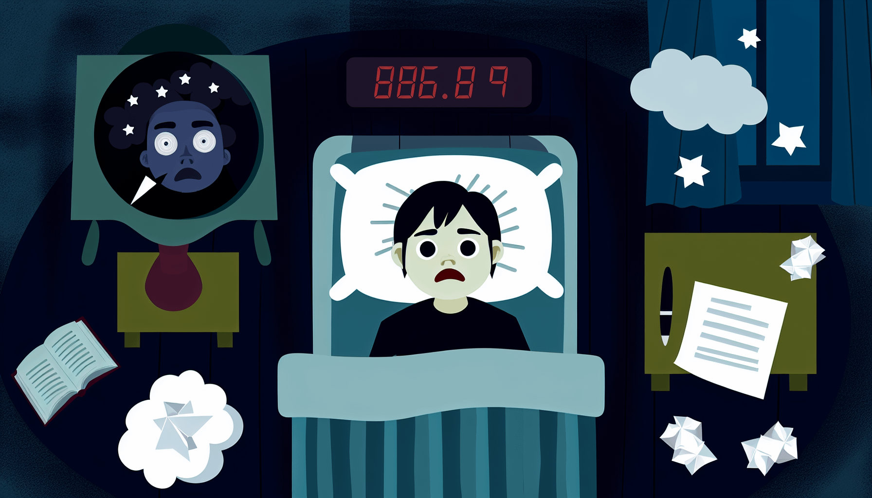 Eine Illustration, die das Konzept von Schlafproblemen darstellt. Im Mittelpunkt des Bildes liegt eine Person, die wach in ihrem Bett liegt, mit weit geÃ¶ffneten Augen, umgeben von Dunkelheit. Die Person sollte einen Ausdruck von Angst oder Sorge im Gesicht haben. Im Raum sind klassische Elemente zu sehen, die mit der Schlafenszeit verbunden sind, wie ein Nachttisch mit einem digitalen Wecker, der eine spÃ¤te Stunde anzeigt, ein Kissen und eine Decke. Die Person kann asiatischer Abstammung und weiblich sein. AuÃŸerdem kÃ¶nnen zerknÃ¼llte Papiere herumliegen, die gescheiterte Versuche darstellen, Schafe zu zÃ¤hlen oder zu lesen, um den Schlaf zu fÃ¶rdern.