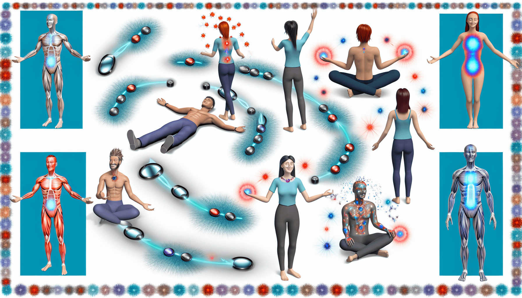 Eine Illustration, die die Verwendung und die Wirkungen von magnetischem Schmuck und magnetischen Wellness-Produkten darstellt. Zeigen Sie eine Vielzahl von Menschen unterschiedlicher Geschlechter und Abstammungen, die diese Produkte verwenden. Heben Sie die Wechselwirkungen der magnetischen Felder mit ihren KÃ¶rpern hervor, um die potenziellen Wellness-Vorteile zu symbolisieren. Integrieren Sie eine Vielzahl von Designs fÃ¼r den Schmuck, um die verfÃ¼gbaren Optionen zu prÃ¤sentieren. Stellen Sie ein GefÃ¼hl von Entspannung und Wohlbefinden dar.
