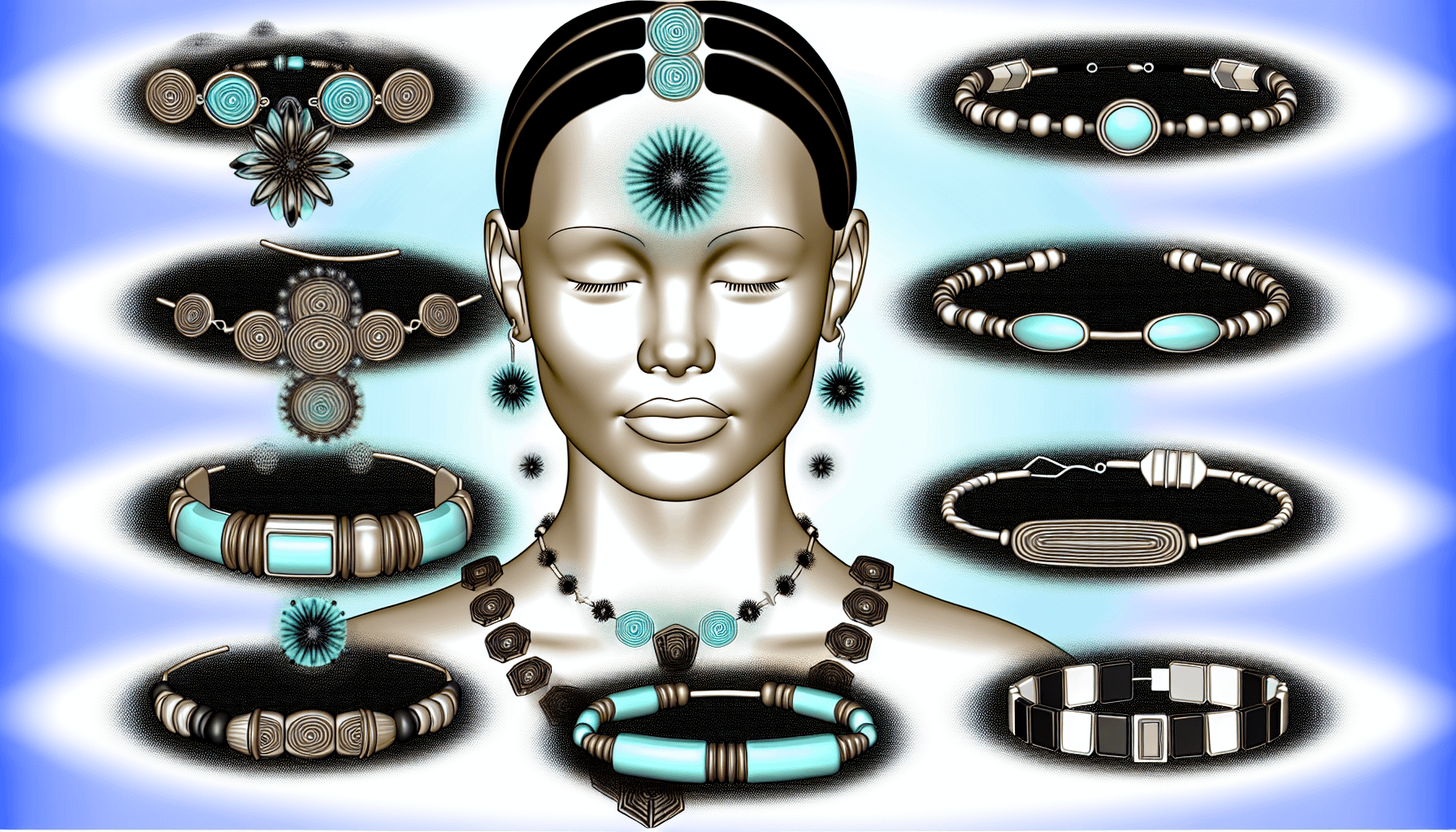 Illustration der wahrgenommenen Effekte von magnetischem Schmuck und Magnet-Wellnessprodukten. Zeigen Sie eine Vielzahl dieser Wellnessprodukte wie ArmbÃ¤nder, AnhÃ¤nger und BÃ¤nder, die kunstvoll gestaltet sind und eingebaute Magnete enthalten. Stellen Sie eine Person dar, die jeder Abstammung und jeden Geschlechts sein kann, ruhig mit geschlossenen Augen, wÃ¤hrend sie diese Produkte trÃ¤gt. Verwenden Sie subtile visuelle Elemente, um ihre vorgeschlagenen positiven Effekte zu symbolisieren - kÃ¶rperliches und emotionales Wohlbefinden, gesteigerte Energie, Balance und Schmerzlinderung. Machen Sie keine Aussagen Ã¼ber die Wirksamkeit dieser Produkte, da diese von Person zu Person variieren kann.