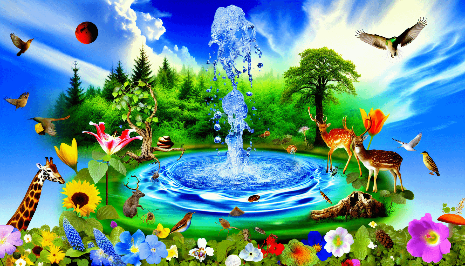 Ein lebendiges Bild, das Wasser als die Quelle allen Lebens darstellt. Im Mittelpunkt steht eine sprudelnde, kristallklare Quelle, umgeben von einem Ã¼ppigen grÃ¼nen Wald. Winzige Wassertropfen funkeln im Sonnenlicht, wÃ¤hrend sie aus der Quelle springen. Eine Vielzahl von Blumen in einem Spektrum von Farben blÃ¼ht in der NÃ¤he, ihre Wurzeln saugen gierig die lebensspendende Feuchtigkeit auf. Wildtiere, von den kleinsten Insekten bis hin zu majestÃ¤tischen Rehen, versammeln sich um die Wasserstelle, alle in friedlicher Koexistenz dargestellt. Hoch oben fliegen VÃ¶gel vor dem Hintergrund eines wolkenbedeckten azurblauen Himmels. Alle Elemente dieses Bildes dienen dazu, das Thema zu veranschaulichen: Wasser, die Quelle allen Lebens.
